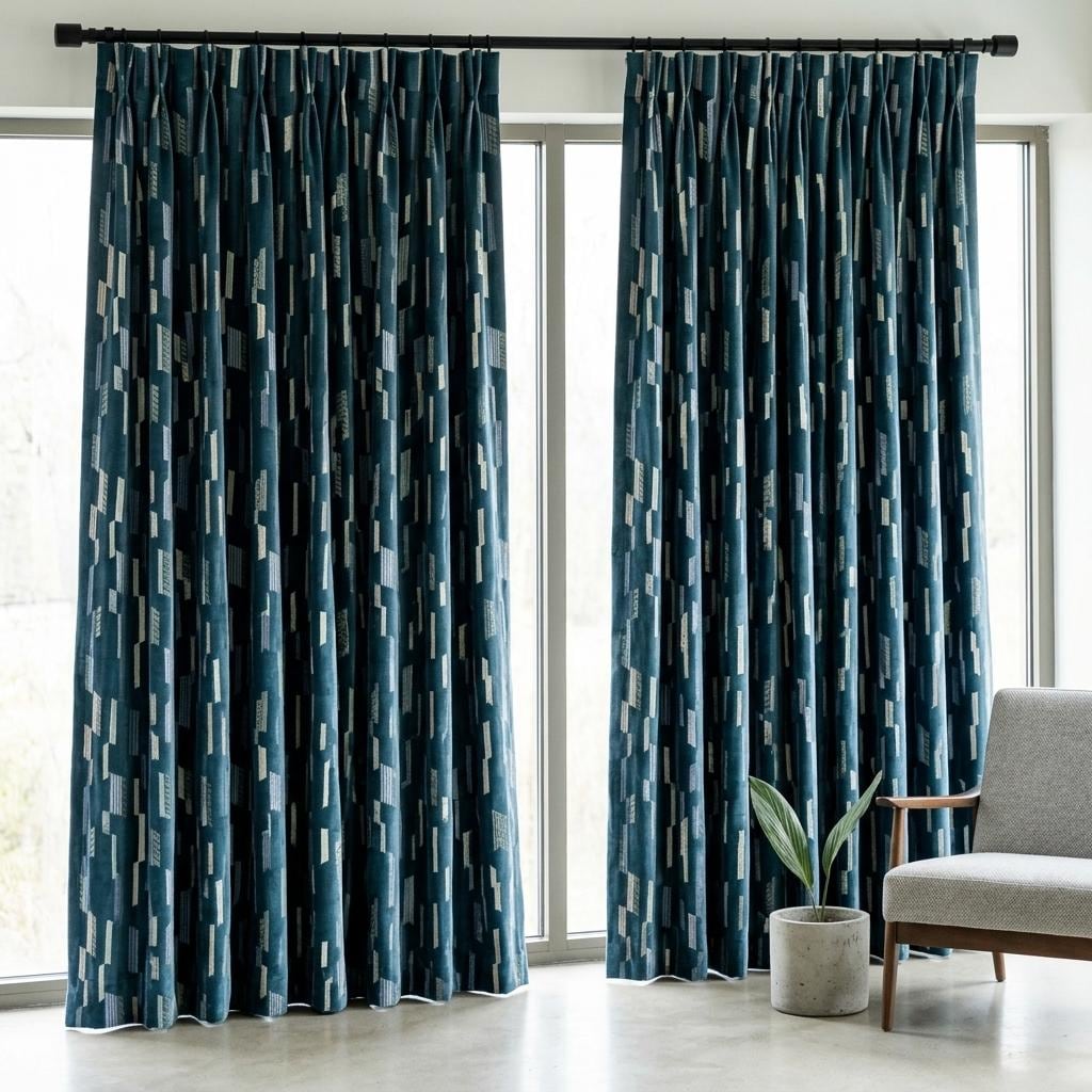 Deep Navy Matte Velvet Embroidered Curtains, Blue Beige Geometric Drapes, Custom Blackout or Cotton Lined Panels — image 6