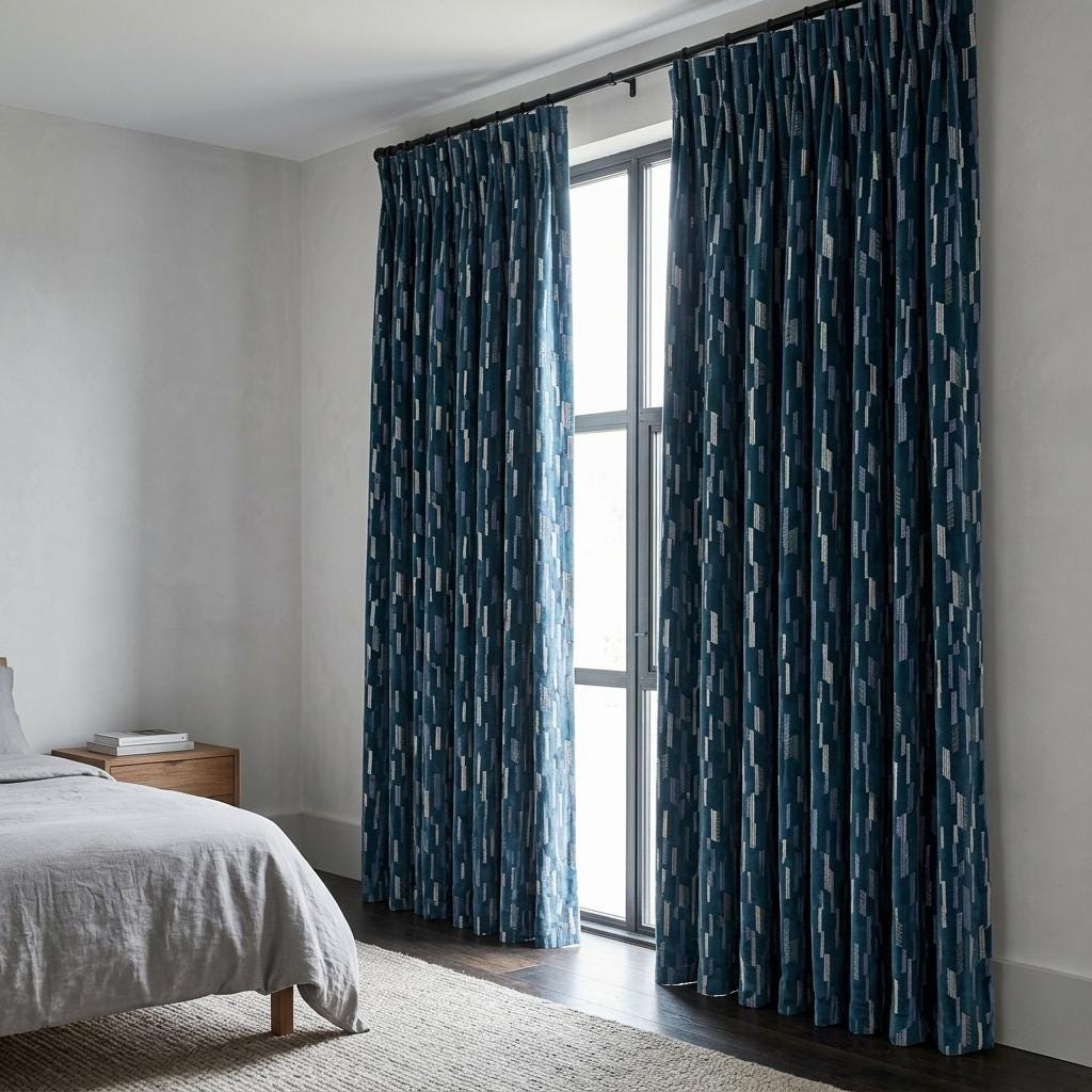 Deep Navy Matte Velvet Embroidered Curtains, Blue Beige Geometric Drapes, Custom Blackout or Cotton Lined Panels — image 8