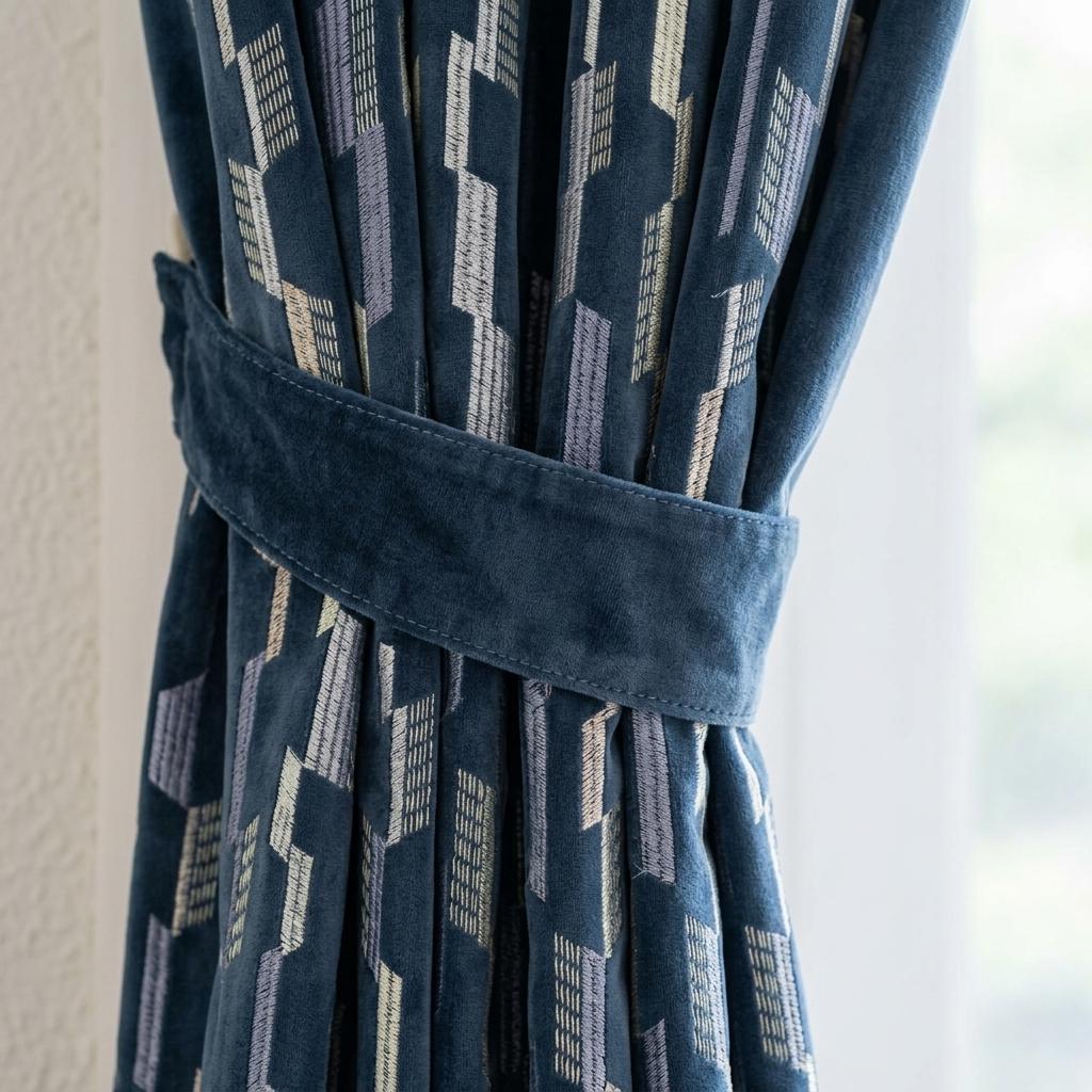 Deep Navy Matte Velvet Embroidered Curtains, Blue Beige Geometric Drapes, Custom Blackout or Cotton Lined Panels — image 2