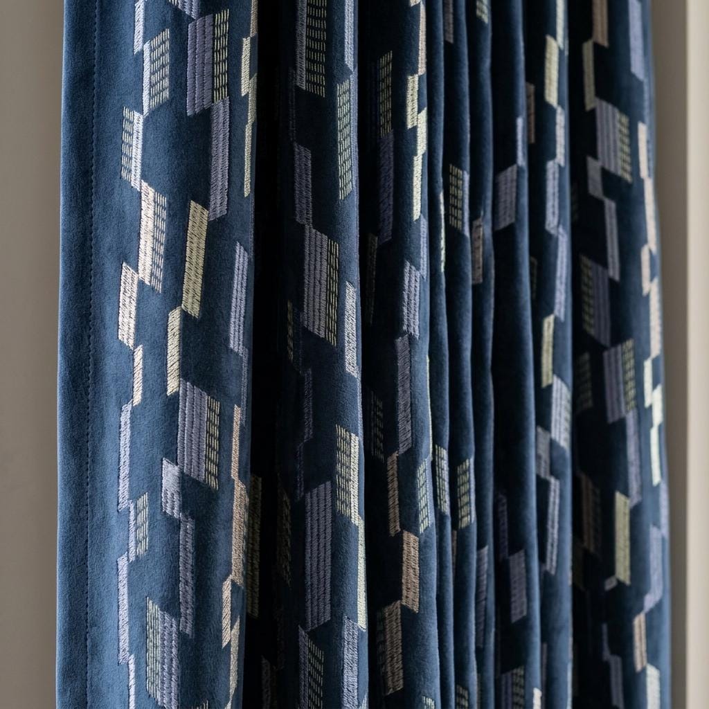 Deep Navy Matte Velvet Embroidered Curtains, Blue Beige Geometric Drapes, Custom Blackout or Cotton Lined Panels — image 1