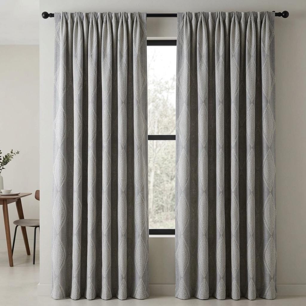 Grey Linen Embroidered Curtains, Ivory Diamond Ogee Drapes, Custom Blackout or Cotton Lined Curtain Panels — image 3