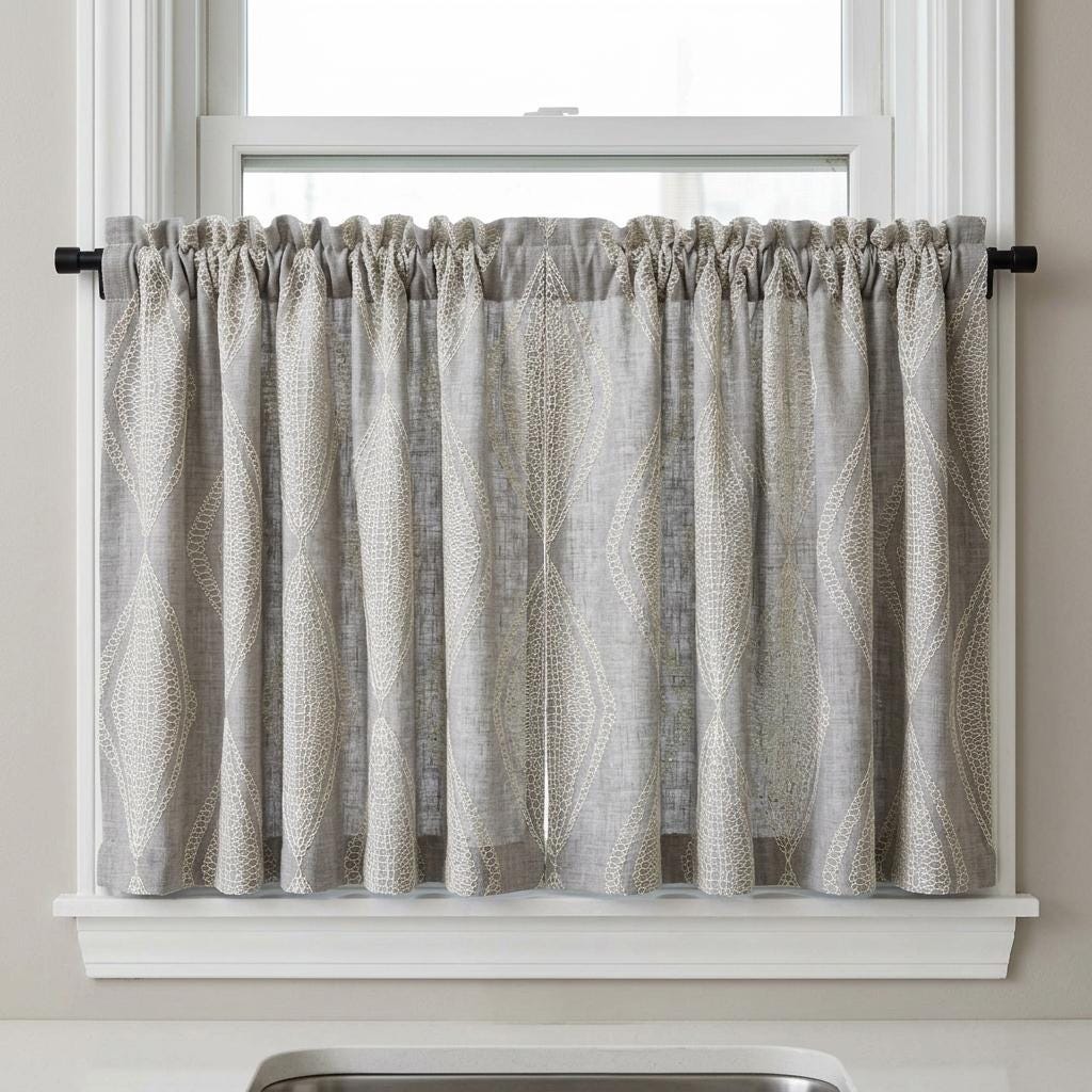 Grey Linen Embroidered Curtains, Ivory Diamond Ogee Drapes, Custom Blackout or Cotton Lined Curtain Panels — image 8