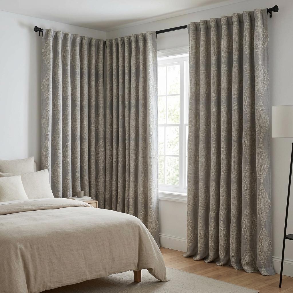 Grey Linen Embroidered Curtains, Ivory Diamond Ogee Drapes, Custom Blackout or Cotton Lined Curtain Panels — image 4