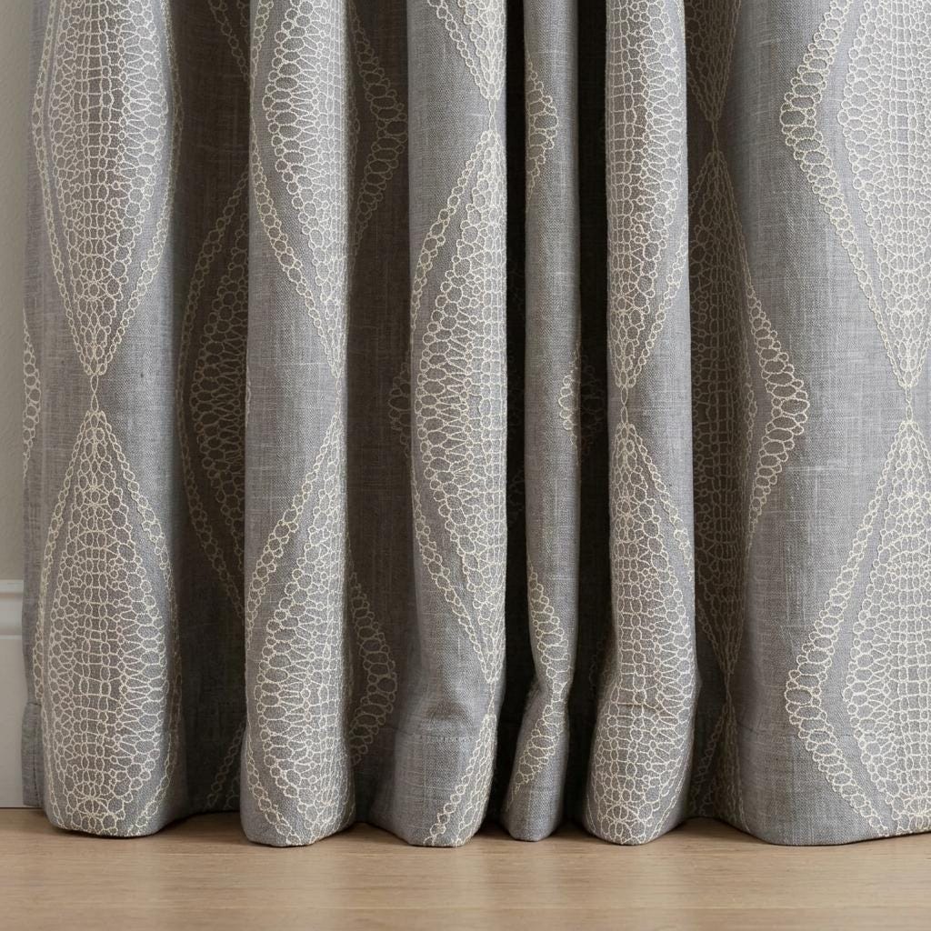 Grey Linen Embroidered Curtains, Ivory Diamond Ogee Drapes, Custom Blackout or Cotton Lined Curtain Panels — image 5