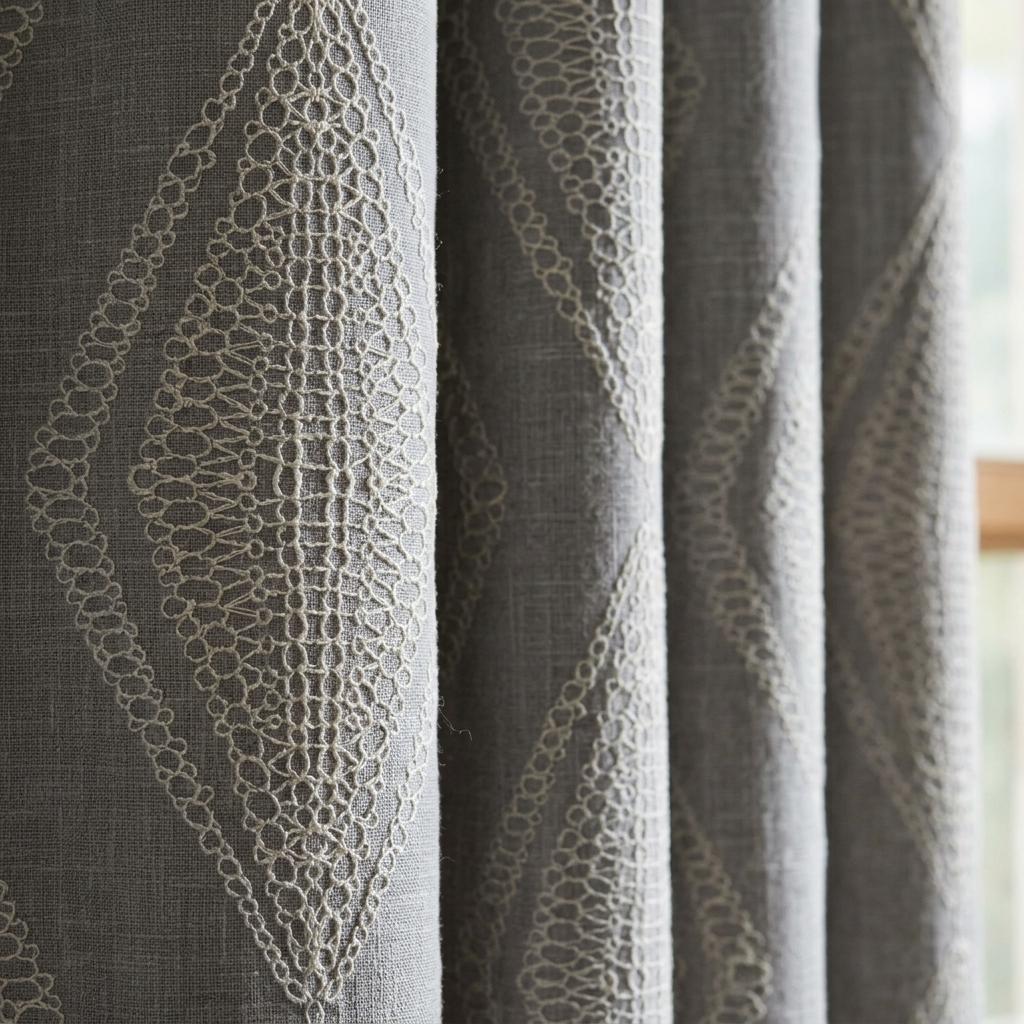 Grey Linen Embroidered Curtains, Ivory Diamond Ogee Drapes, Custom Blackout or Cotton Lined Curtain Panels — image 6
