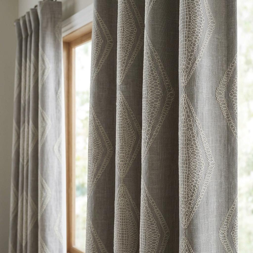 Grey Linen Embroidered Curtains, Ivory Diamond Ogee Drapes, Custom Blackout or Cotton Lined Curtain Panels — image 7