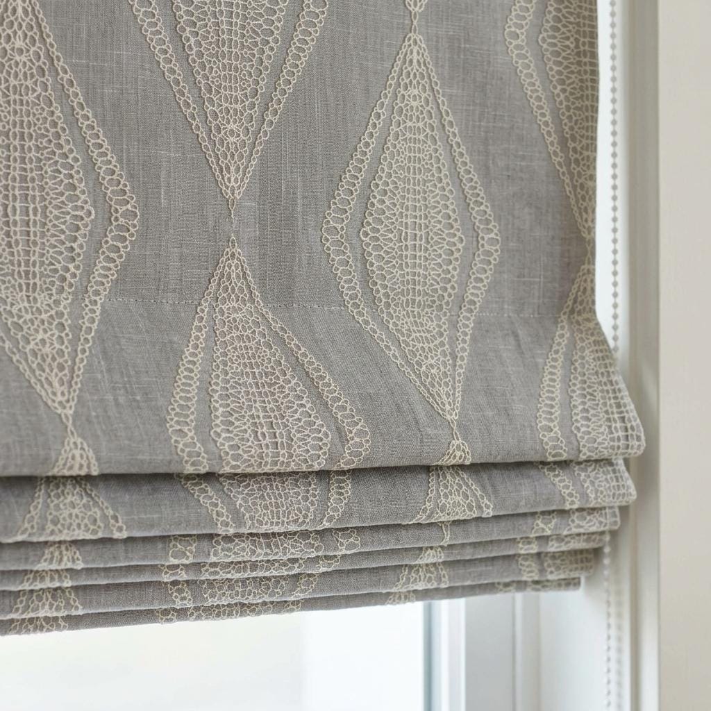 Gray Linen Roman Shade, Ivory Sage Embroidered Diamond Blind, Custom Corded Window Shade, Blackout or Cotton Lined — image 3