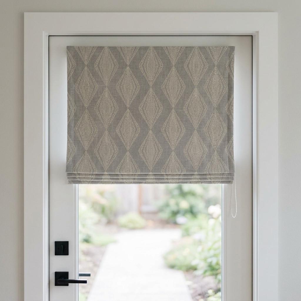 Gray Linen Roman Shade, Ivory Sage Embroidered Diamond Blind, Custom Corded Window Shade, Blackout or Cotton Lined — image 2