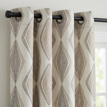 Ivory Linen Embroidered Curtains, Taupe Beige Diamond Ogee Drapes, Custom Blackout or Cotton Lined Panels — image 1