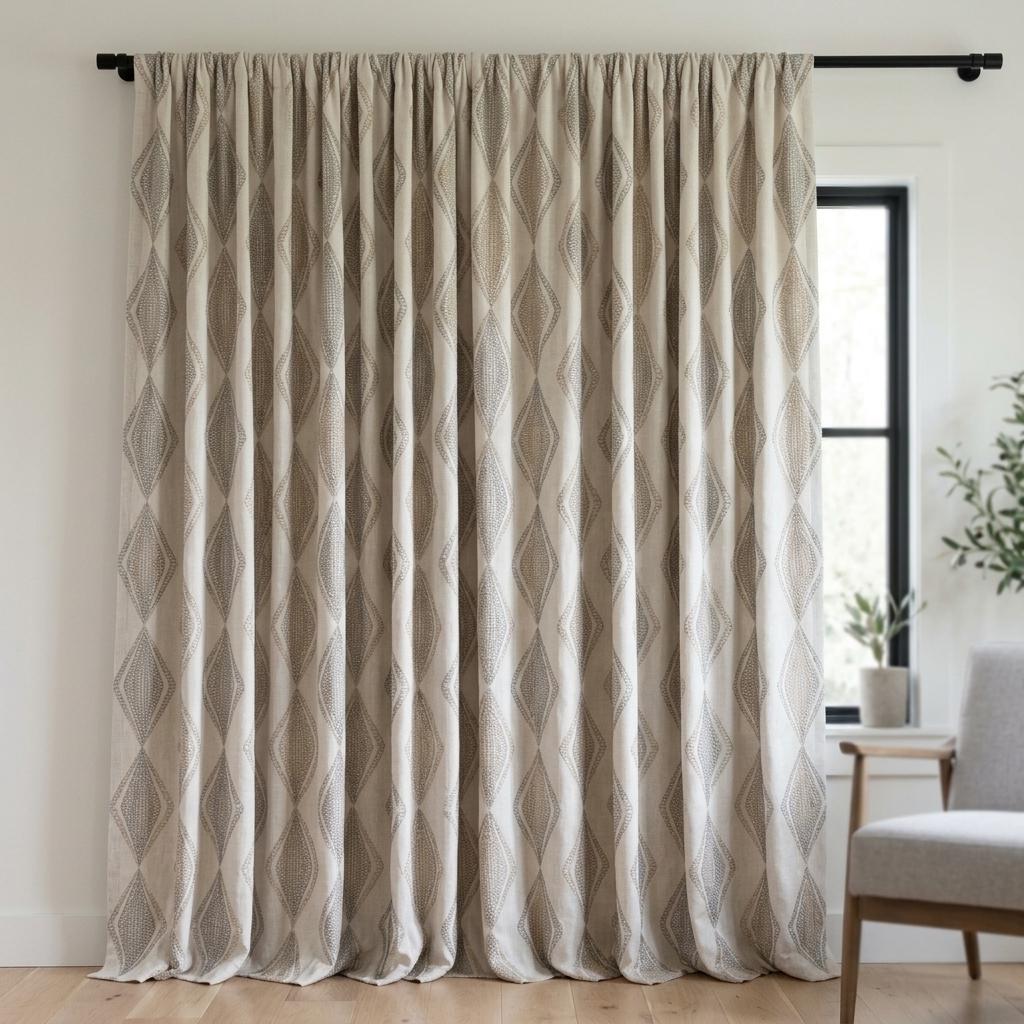 Ivory Linen Embroidered Curtains, Taupe Beige Diamond Ogee Drapes, Custom Blackout or Cotton Lined Panels — image 9