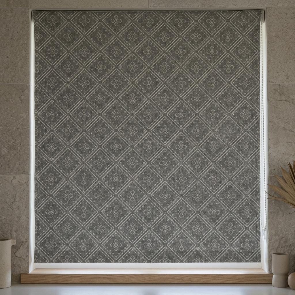 Gray Linen Roman Shade, Dusty Grey Embroidered Geometric Roman Blind, Custom Corded Window Shade, Blackout or Light Filter — image 1