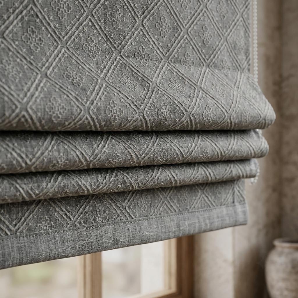 Gray Linen Roman Shade, Dusty Grey Embroidered Geometric Roman Blind, Custom Corded Window Shade, Blackout or Light Filter — image 1