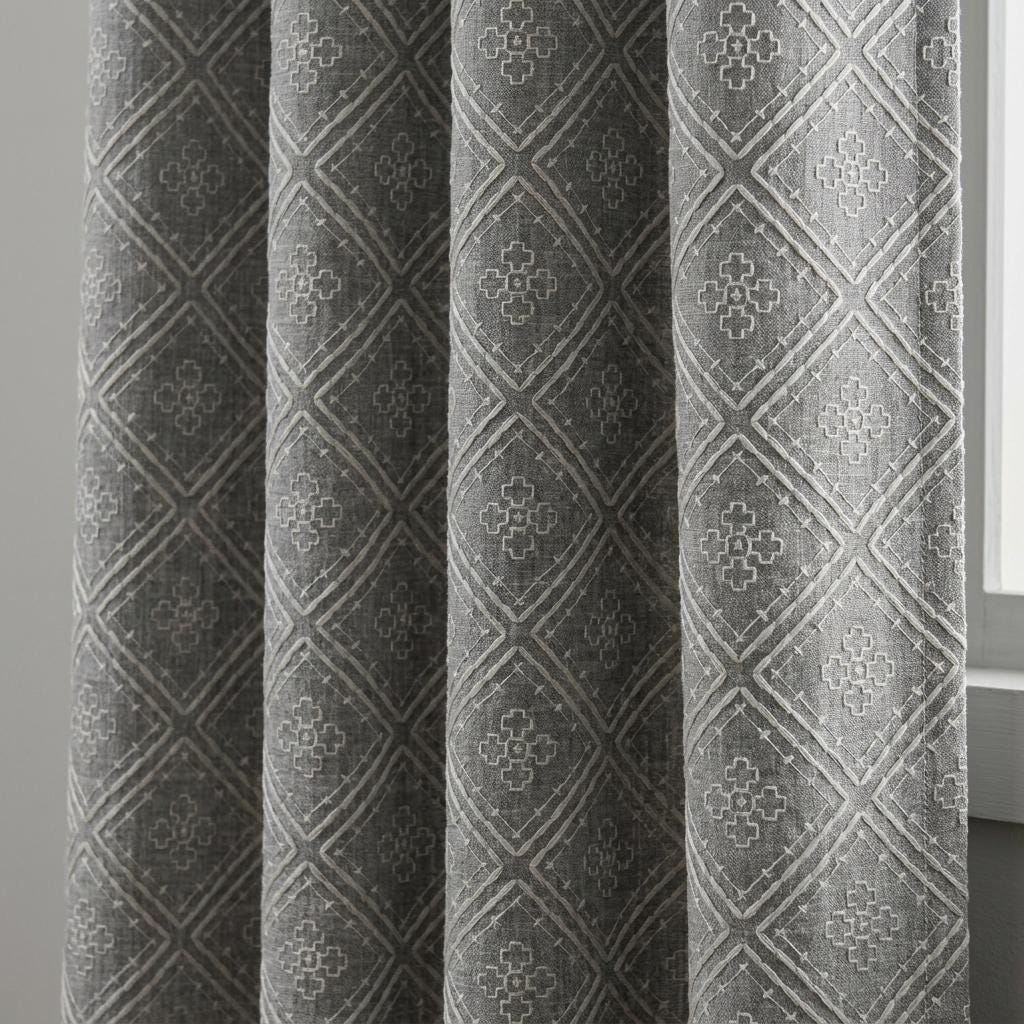 Grey Pure Linen Curtains, Dusty Grey Embroidered Diamond Trellis Drapes, Custom Blackout Cafe Curtains — image 4