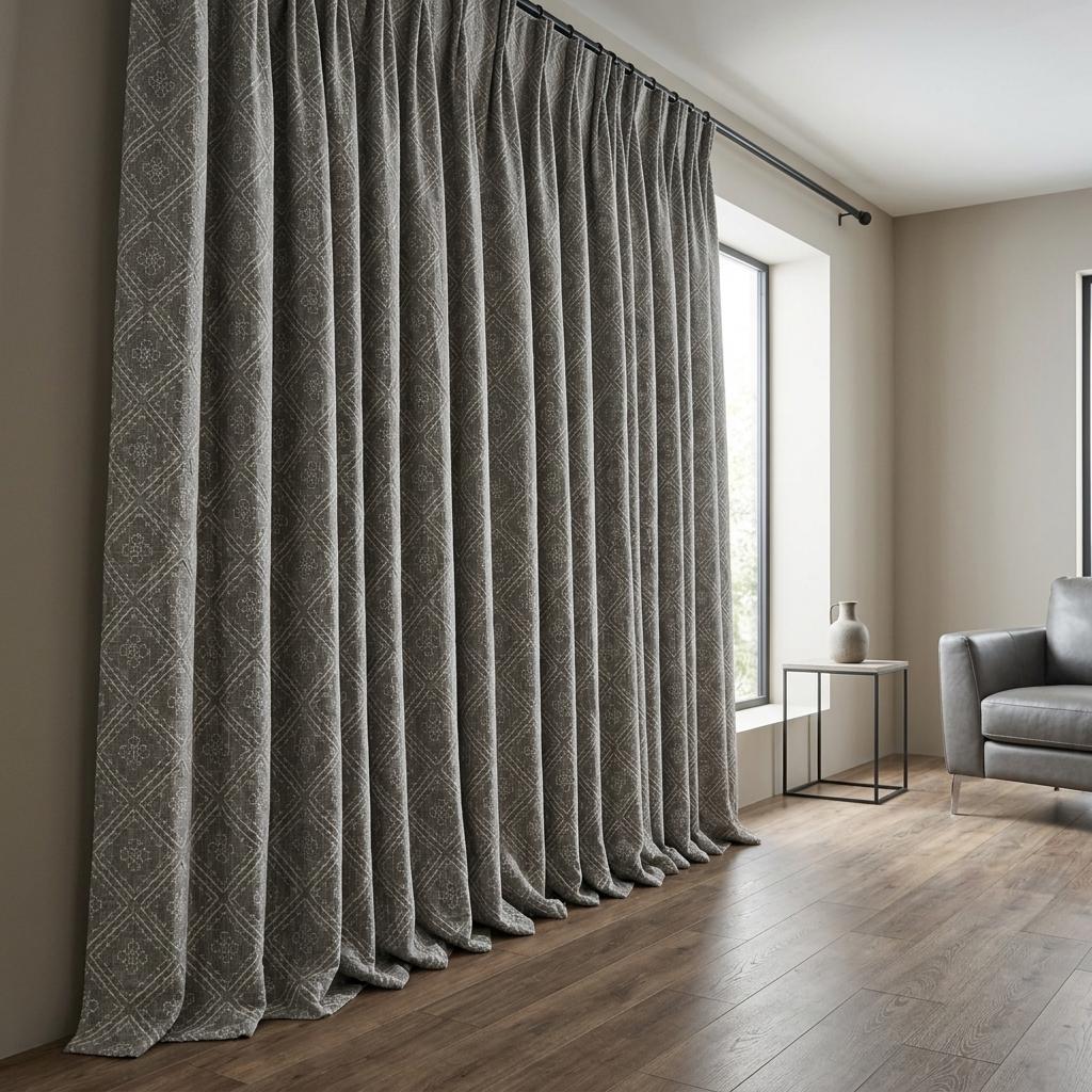 Grey Pure Linen Curtains, Dusty Grey Embroidered Diamond Trellis Drapes, Custom Blackout Cafe Curtains — image 5