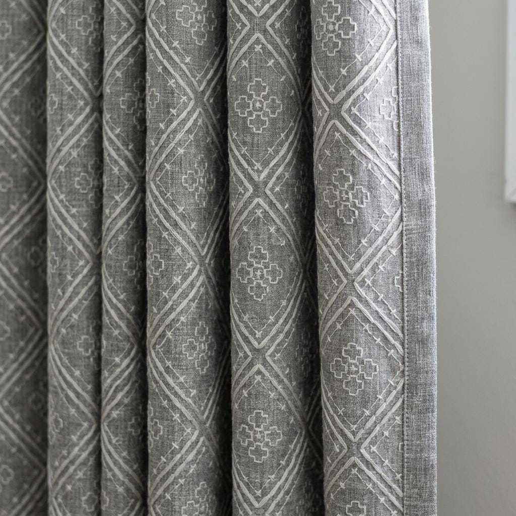Grey Pure Linen Curtains, Dusty Grey Embroidered Diamond Trellis Drapes, Custom Blackout Cafe Curtains — image 7