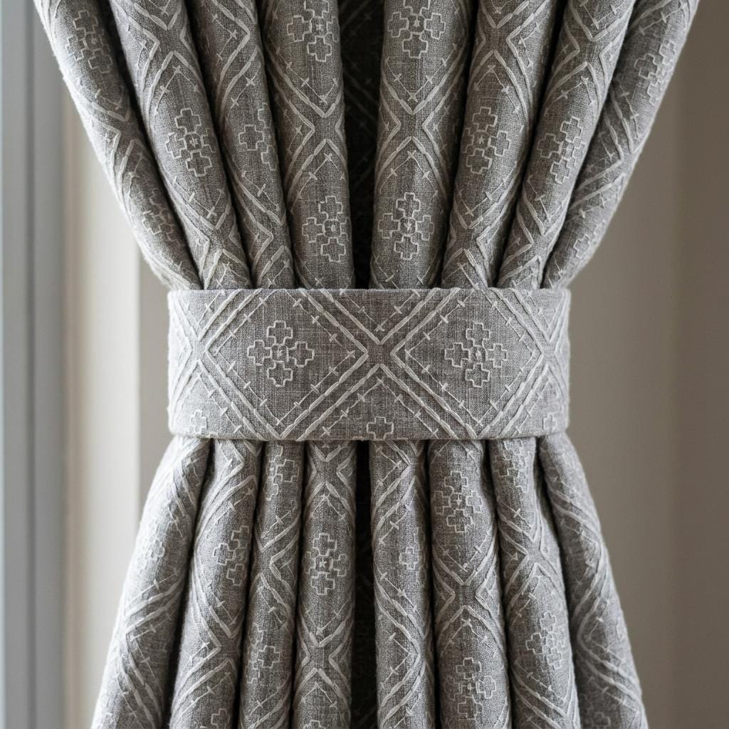 Grey Pure Linen Curtains, Dusty Grey Embroidered Diamond Trellis Drapes, Custom Blackout Cafe Curtains — image 2