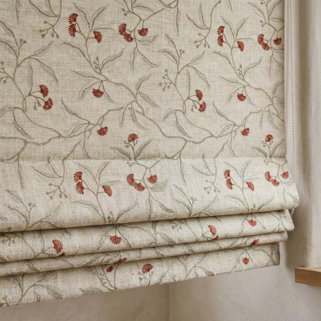 Embroidered Linen Roman Shade, Natural Oatmeal Beige Botanical Blind, Sage Green Vine Rust Red Floral Window Shade — image 6