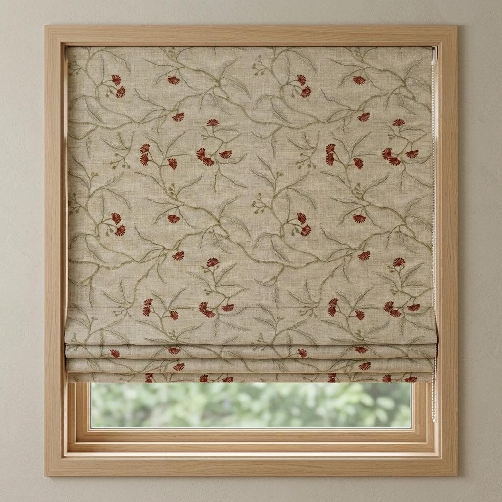 Embroidered Linen Roman Shade, Natural Oatmeal Beige Botanical Blind, Sage Green Vine Rust Red Floral Window Shade — image 9