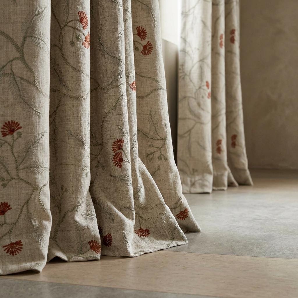 Heavy Linen Embroidered Curtains, Natural Oatmeal Floral Vine Drapes, Rust Red Flower Blackout or Cotton Lined Panels — image 4