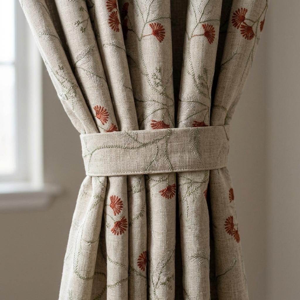 Heavy Linen Embroidered Curtains, Natural Oatmeal Floral Vine Drapes, Rust Red Flower Blackout or Cotton Lined Panels — image 3