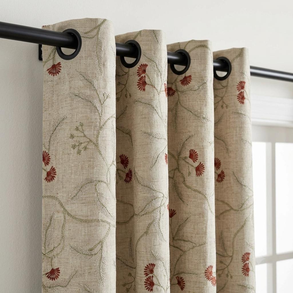 Heavy Linen Embroidered Curtains, Natural Oatmeal Floral Vine Drapes, Rust Red Flower Blackout or Cotton Lined Panels — image 7