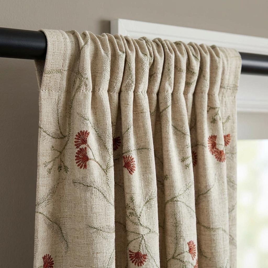 Heavy Linen Embroidered Curtains, Natural Oatmeal Floral Vine Drapes, Rust Red Flower Blackout or Cotton Lined Panels — image 5
