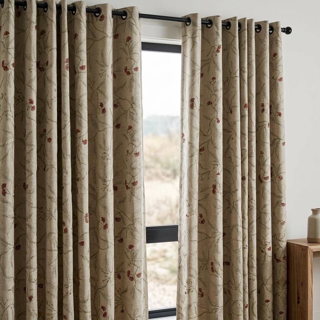 Heavy Linen Embroidered Curtains, Natural Oatmeal Floral Vine Drapes, Rust Red Flower Blackout or Cotton Lined Panels — image 8