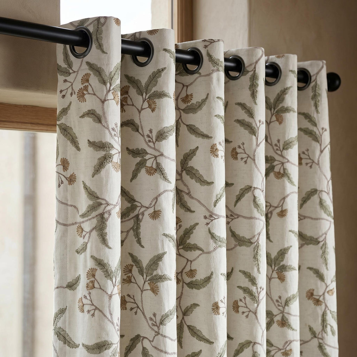 Heavy Linen Embroidered Curtains, Ivory Floral Vine Drapes, Sage Green Leaf Blackout or Cotton Lined Panels — image 4