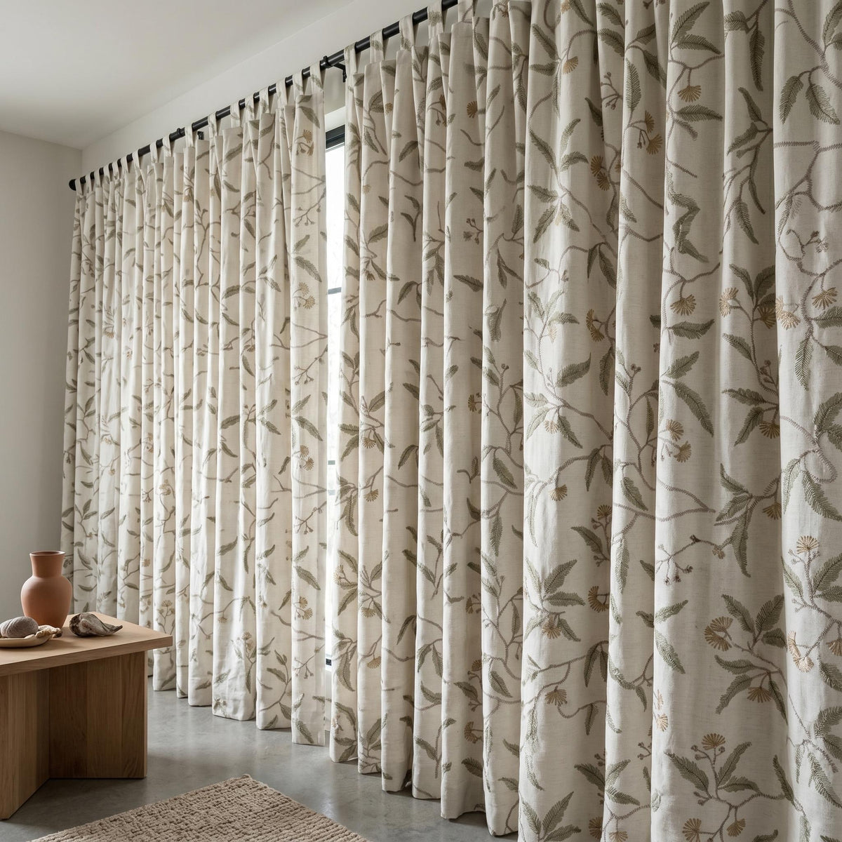 Heavy Linen Embroidered Curtains, Ivory Floral Vine Drapes, Sage Green Leaf Blackout or Cotton Lined Panels — image 5
