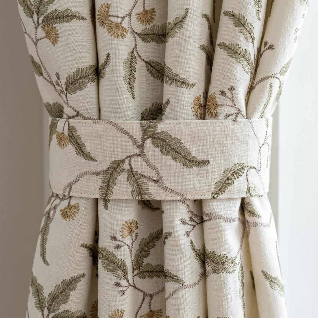 Heavy Linen Embroidered Curtains, Ivory Floral Vine Drapes, Sage Green Leaf Blackout or Cotton Lined Panels — image 1