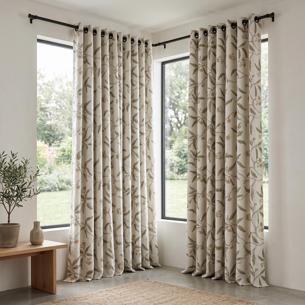 Heavy Linen Embroidered Curtains, Ivory Floral Vine Drapes, Sage Green Leaf Blackout or Cotton Lined Panels — image 6