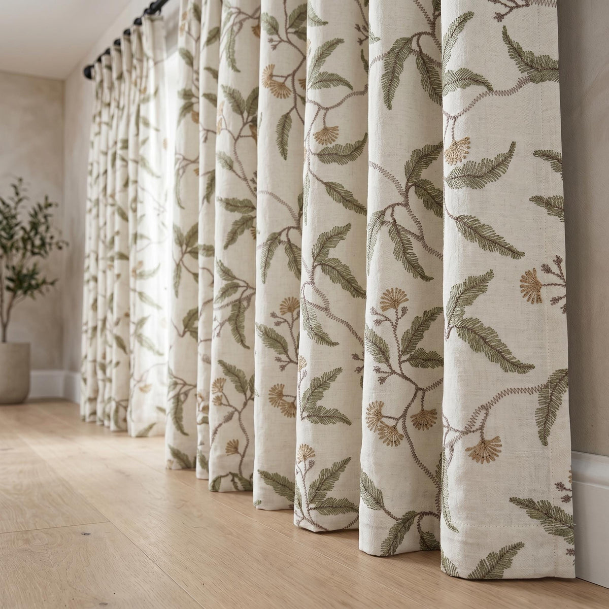 Heavy Linen Embroidered Curtains, Ivory Floral Vine Drapes, Sage Green Leaf Blackout or Cotton Lined Panels — image 3