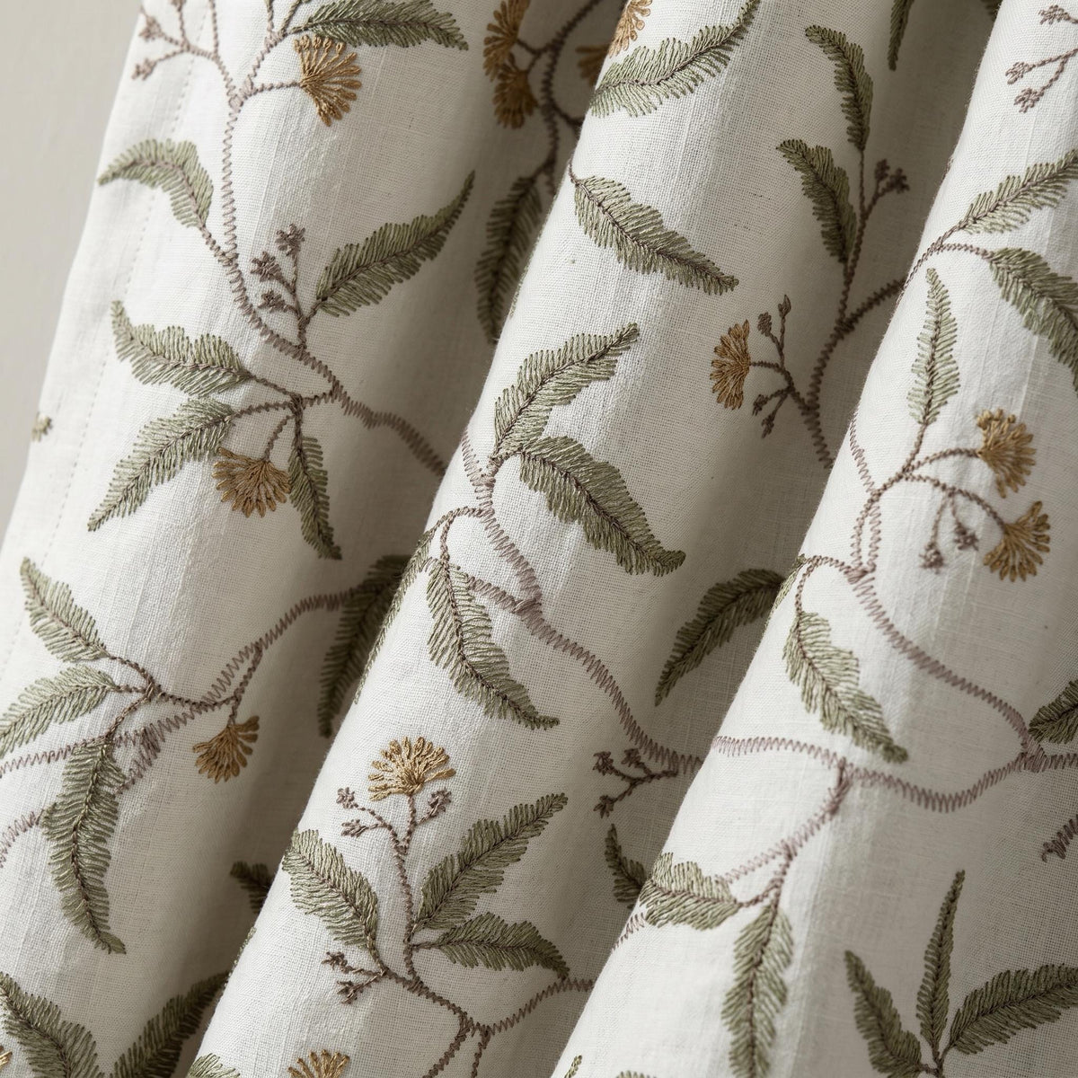 Heavy Linen Embroidered Curtains, Ivory Floral Vine Drapes, Sage Green Leaf Blackout or Cotton Lined Panels — image 7
