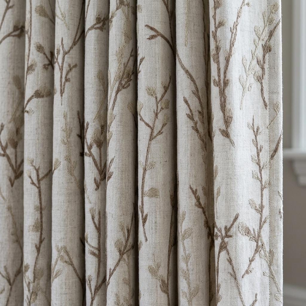 Natural Oatmeal Linen Embroidered Curtains, Beige Twig Botanical Drapes, Custom Blackout or Cotton Lined Panels — image 1