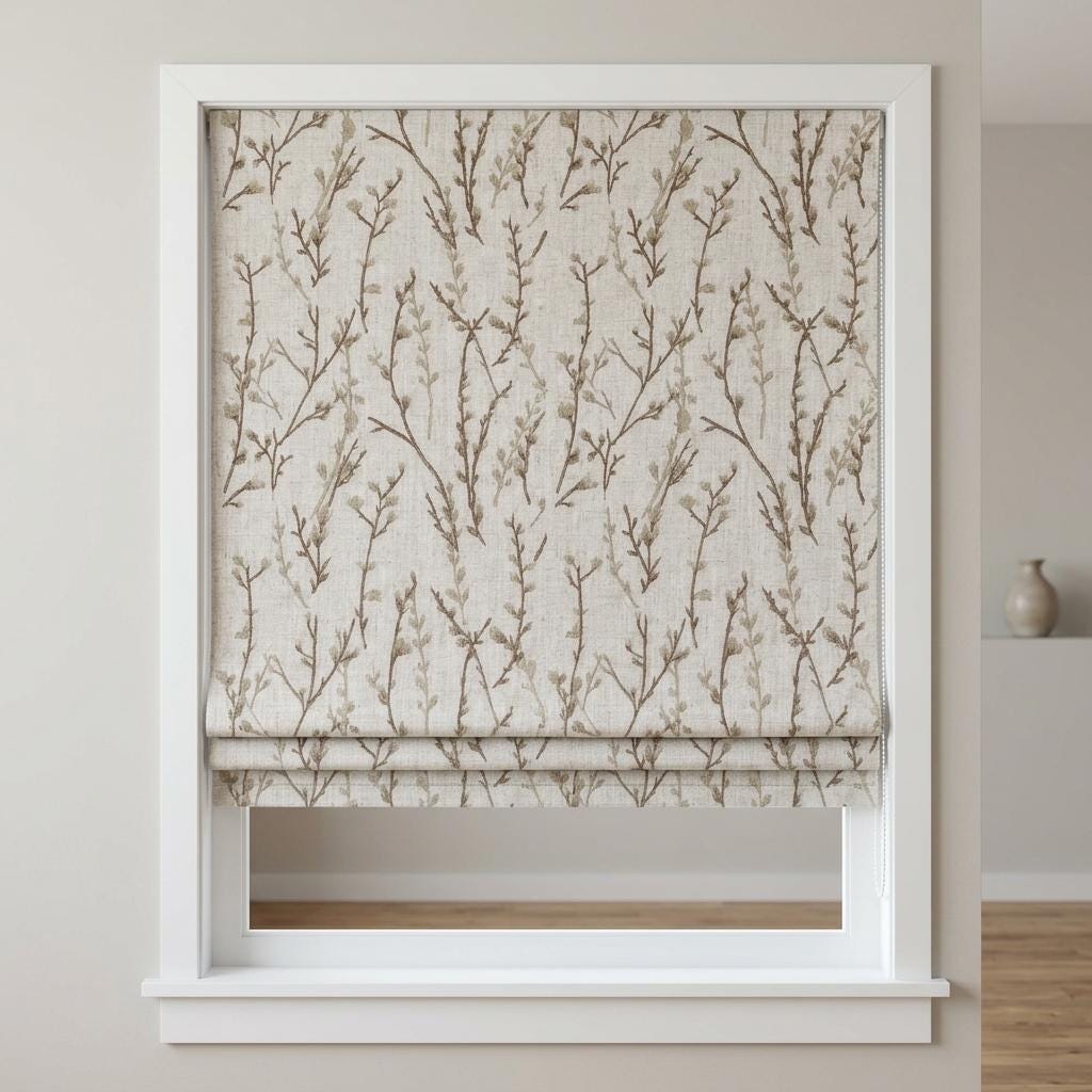 Natural Linen Roman Shade, Beige Taupe Embroidered Twig Blind, Custom Corded Window Shade, Blackout or Cotton Lined — image 2
