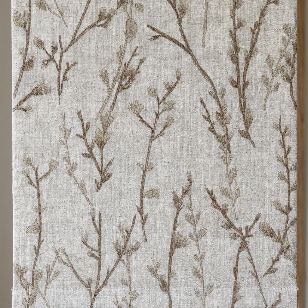Natural Linen Roman Shade, Beige Taupe Embroidered Twig Blind, Custom Corded Window Shade, Blackout or Cotton Lined — image 7