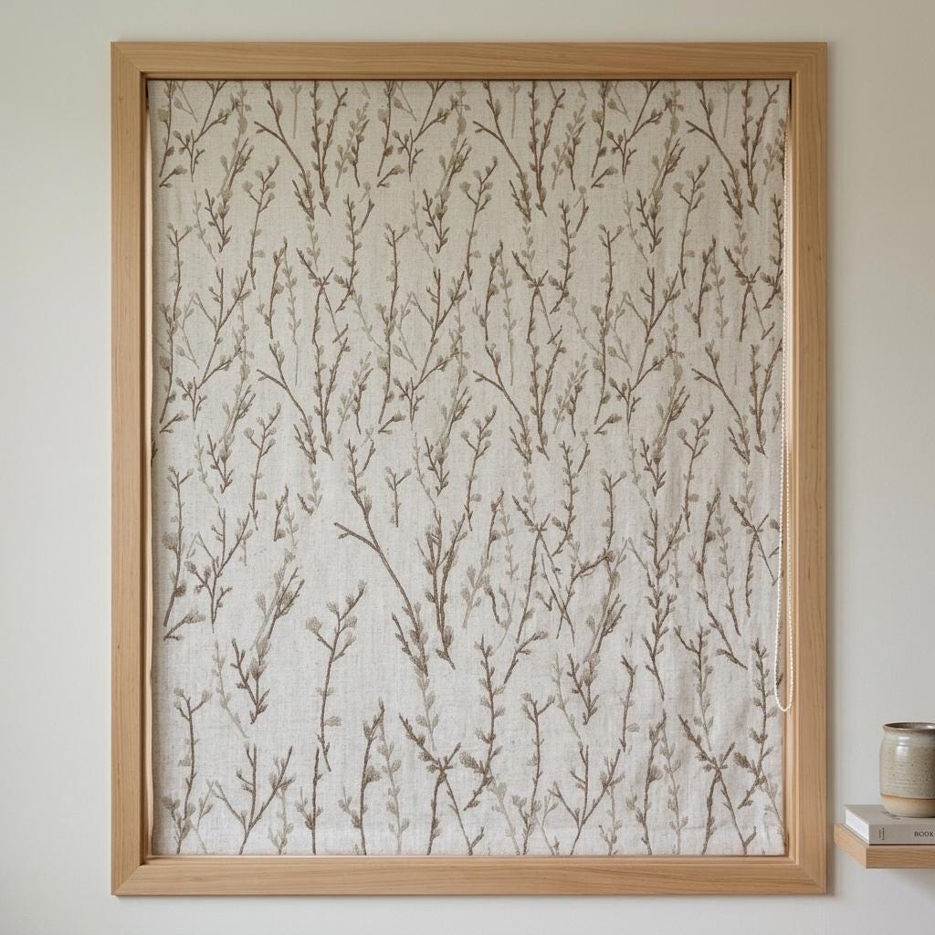 Natural Linen Roman Shade, Beige Taupe Embroidered Twig Blind, Custom Corded Window Shade, Blackout or Cotton Lined — image 5