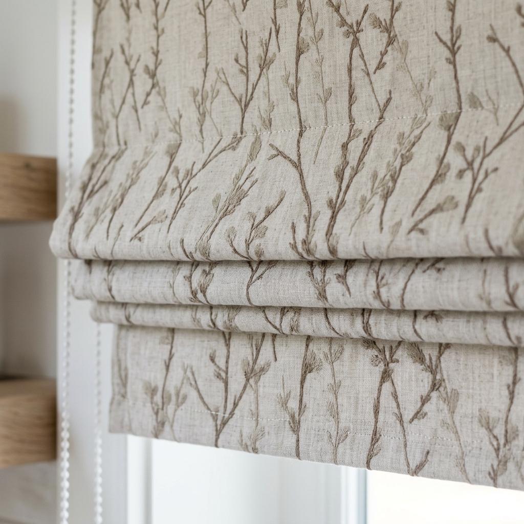 Natural Linen Roman Shade, Beige Taupe Embroidered Twig Blind, Custom Corded Window Shade, Blackout or Cotton Lined — image 8