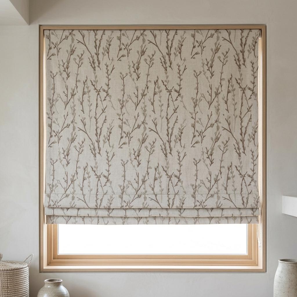 Natural Linen Roman Shade, Beige Taupe Embroidered Twig Blind, Custom Corded Window Shade, Blackout or Cotton Lined — image 9