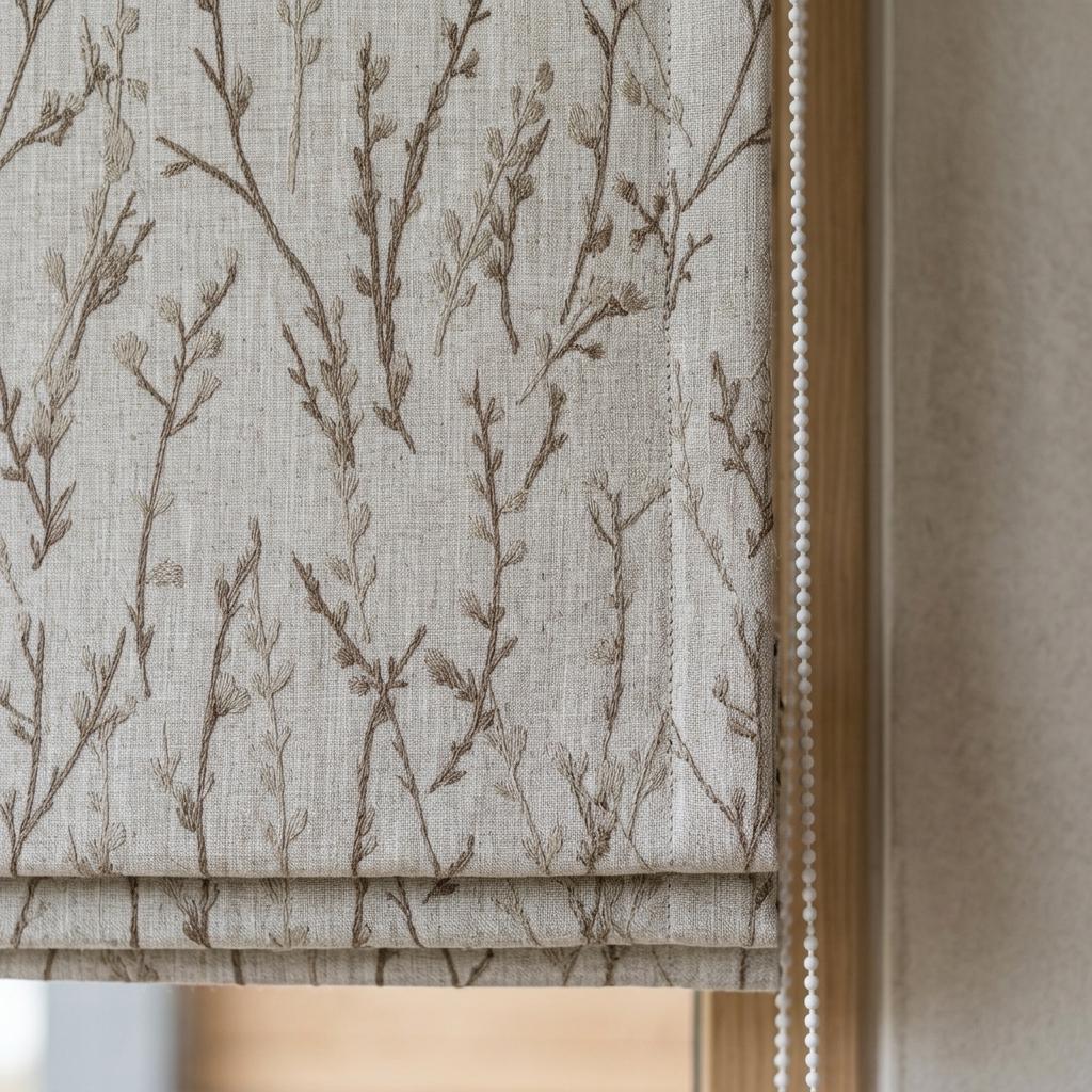 Natural Linen Roman Shade, Beige Taupe Embroidered Twig Blind, Custom Corded Window Shade, Blackout or Cotton Lined — image 1