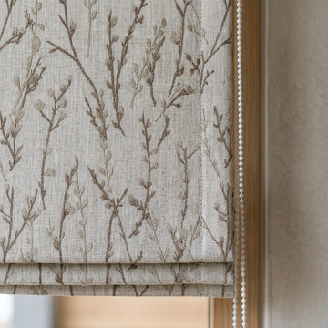 Natural Linen Roman Shade, Beige Taupe Embroidered Twig Blind, Custom Corded Window Shade, Blackout or Cotton Lined — image 1