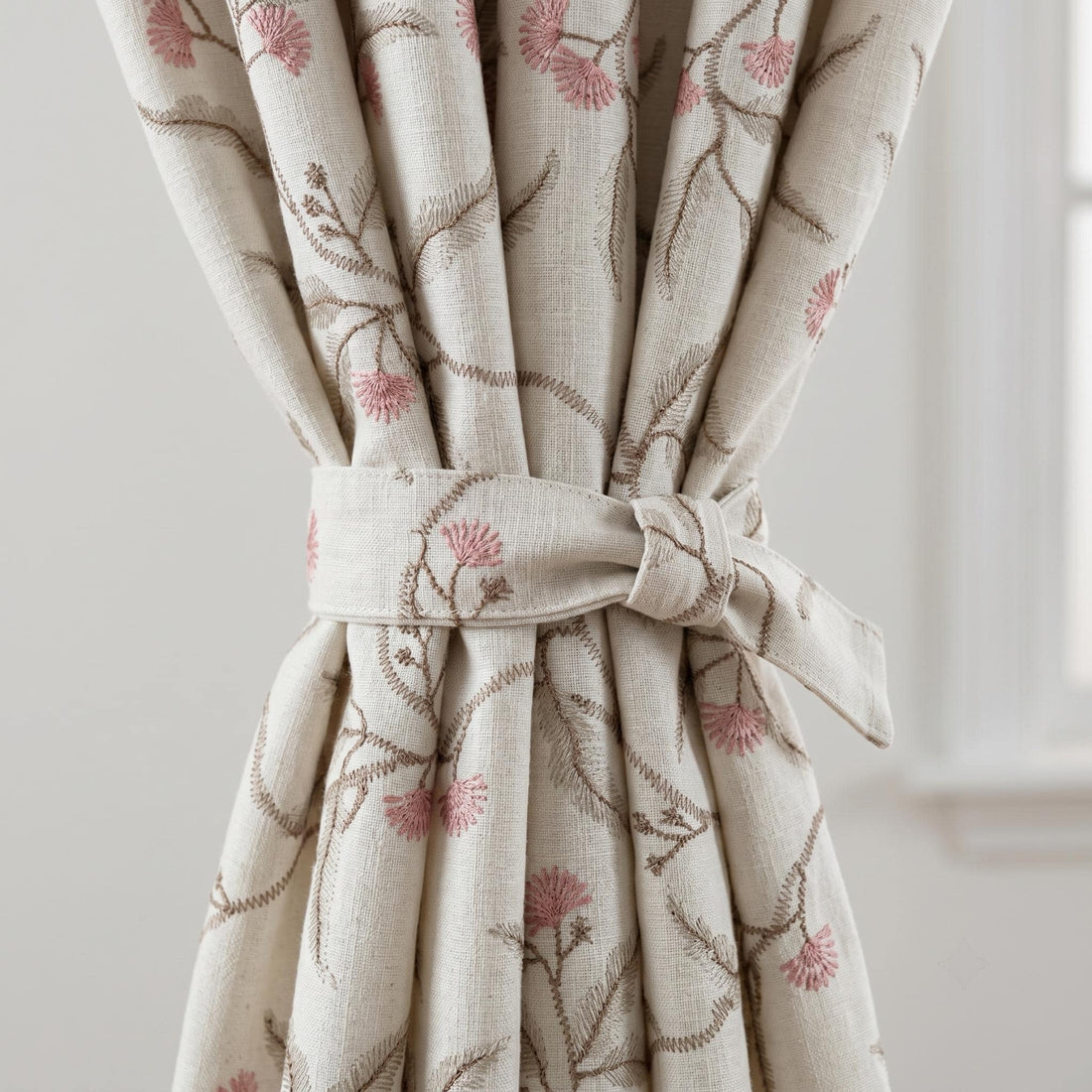 Heavy Pure Linen Embroidered Curtains, Ivory Botanical Vine Drapes, Sage Green Pink Floral Blackout Cotton Panels — image 1