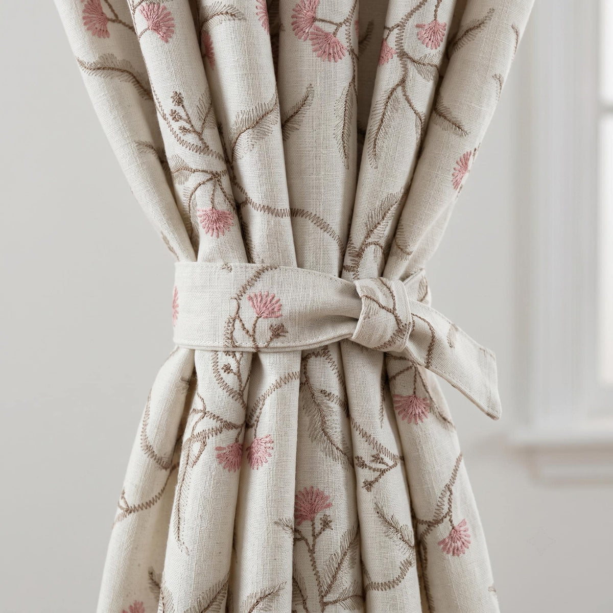 Heavy Pure Linen Embroidered Curtains, Ivory Botanical Vine Drapes, Sage Green Pink Floral Blackout Cotton Panels — image 2