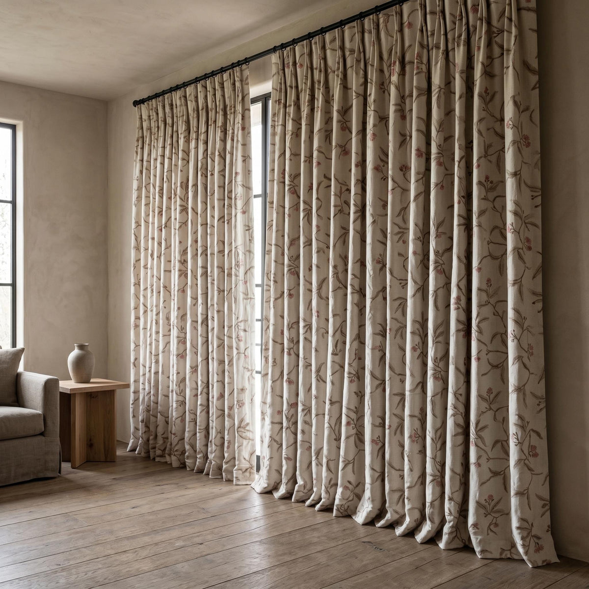 Heavy Pure Linen Embroidered Curtains, Ivory Botanical Vine Drapes, Sage Green Pink Floral Blackout Cotton Panels — image 9