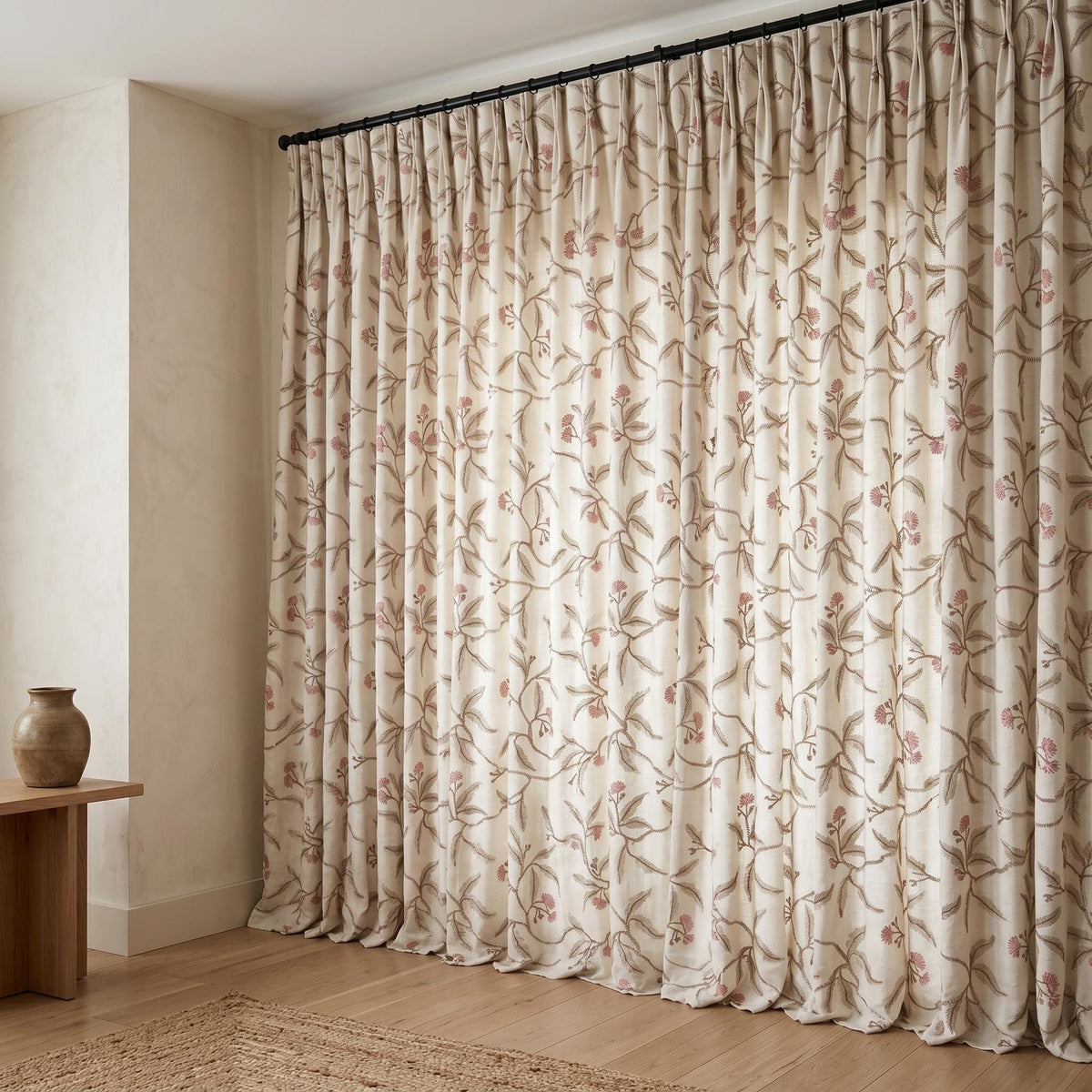 Heavy Pure Linen Embroidered Curtains, Ivory Botanical Vine Drapes, Sage Green Pink Floral Blackout Cotton Panels — image 4