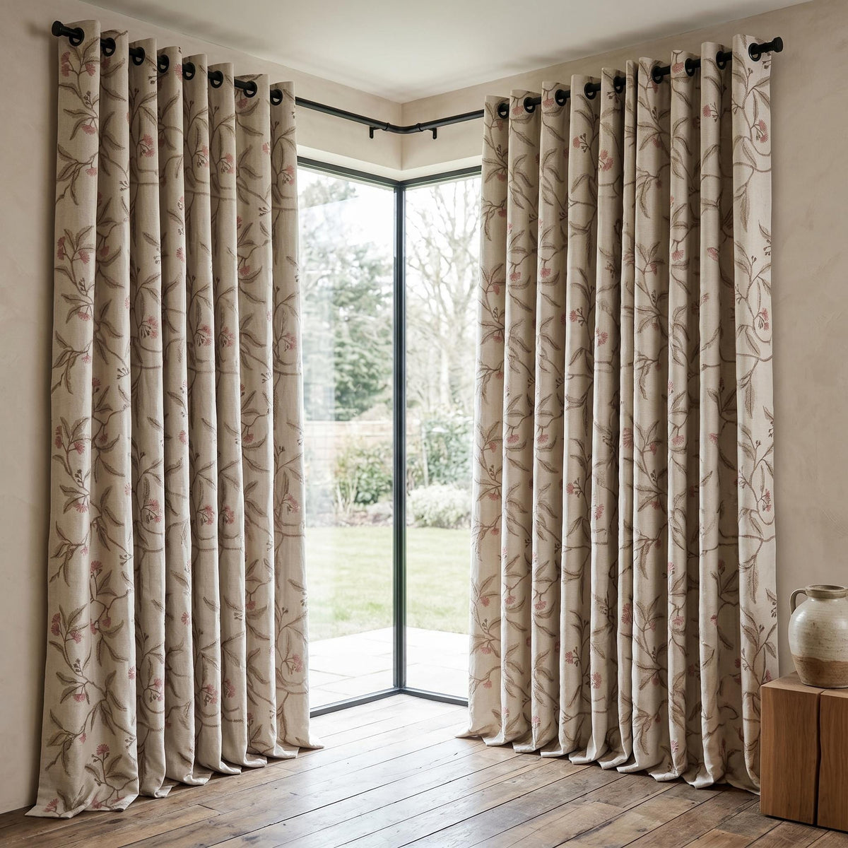 Heavy Pure Linen Embroidered Curtains, Ivory Botanical Vine Drapes, Sage Green Pink Floral Blackout Cotton Panels — image 8