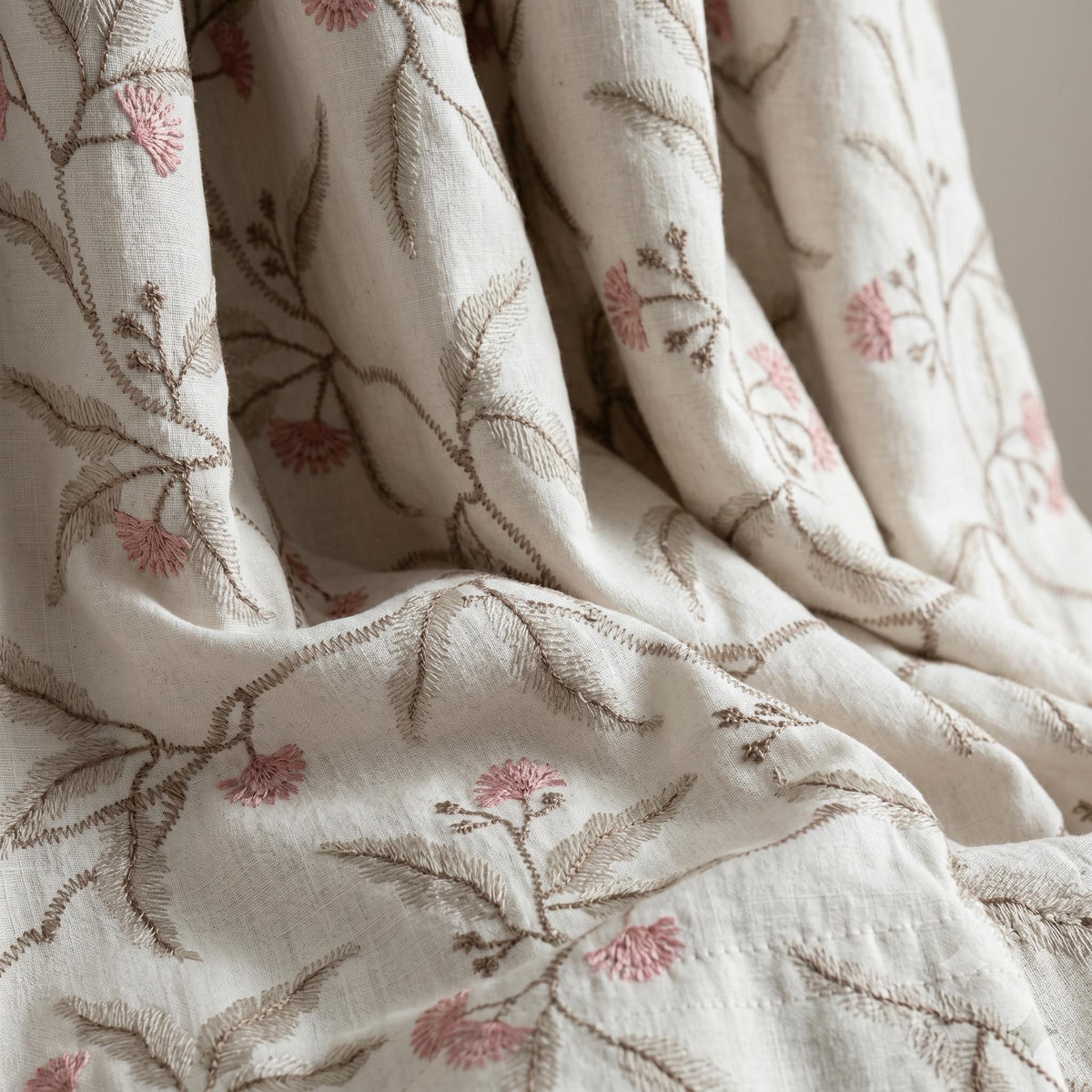Heavy Pure Linen Embroidered Curtains, Ivory Botanical Vine Drapes, Sage Green Pink Floral Blackout Cotton Panels — image 3