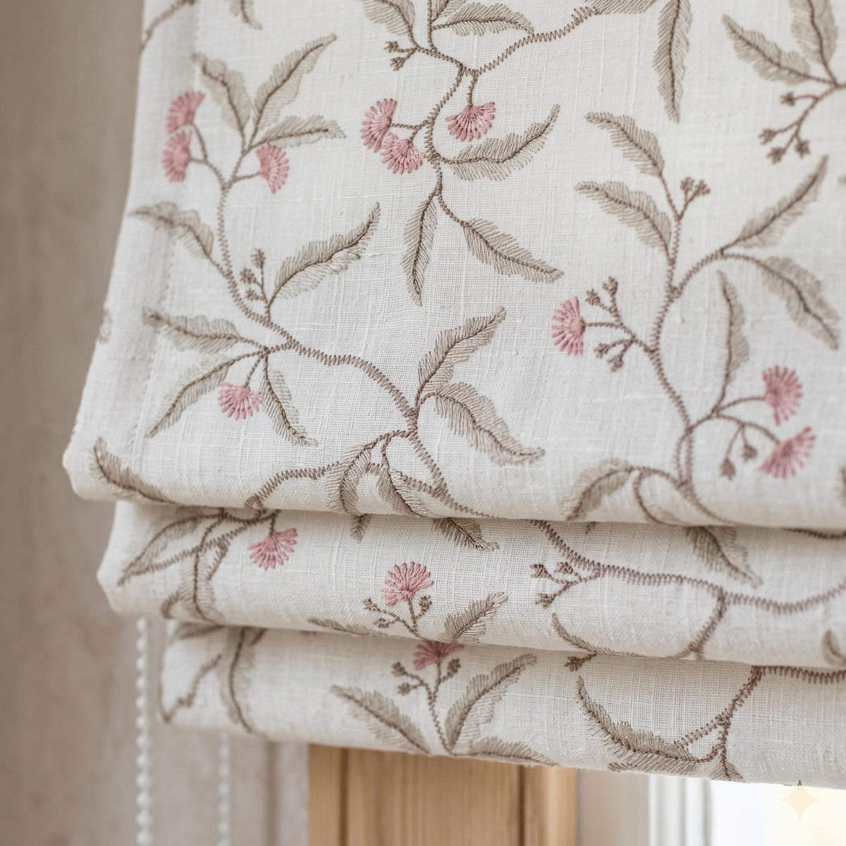 Embroidered Linen Roman Shade, Ivory Pink Botanical Blind, Sage Beige Leaf Vine Custom Roman Blind, Blackout or Light Filter — image 2