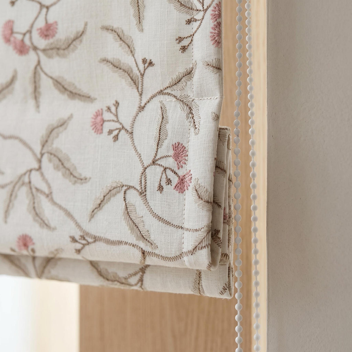 Embroidered Linen Roman Shade, Ivory Pink Botanical Blind, Sage Beige Leaf Vine Custom Roman Blind, Blackout or Light Filter — image 6