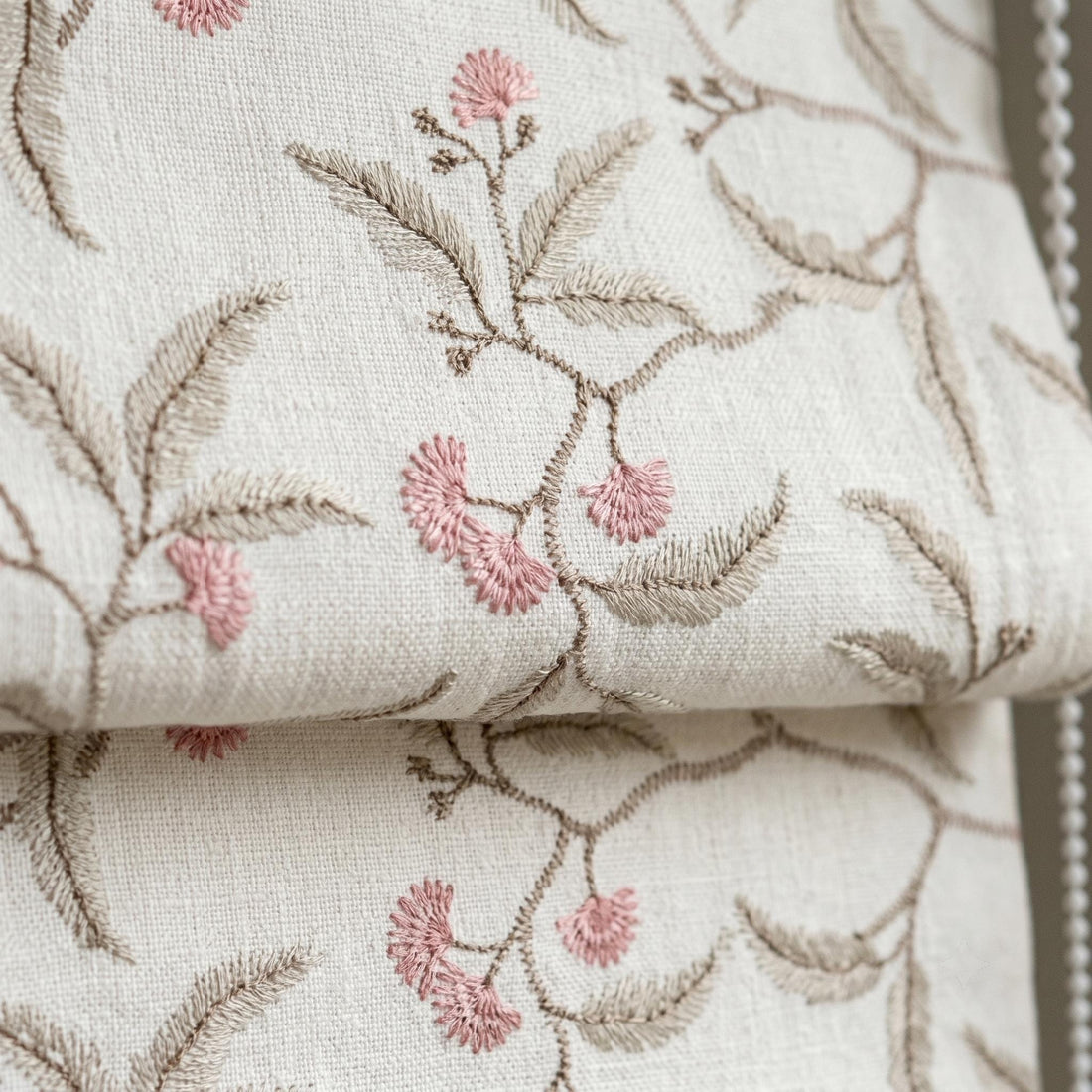 Embroidered Linen Roman Shade, Ivory Pink Botanical Blind, Sage Beige Leaf Vine Custom Roman Blind, Blackout or Light Filter — image 1
